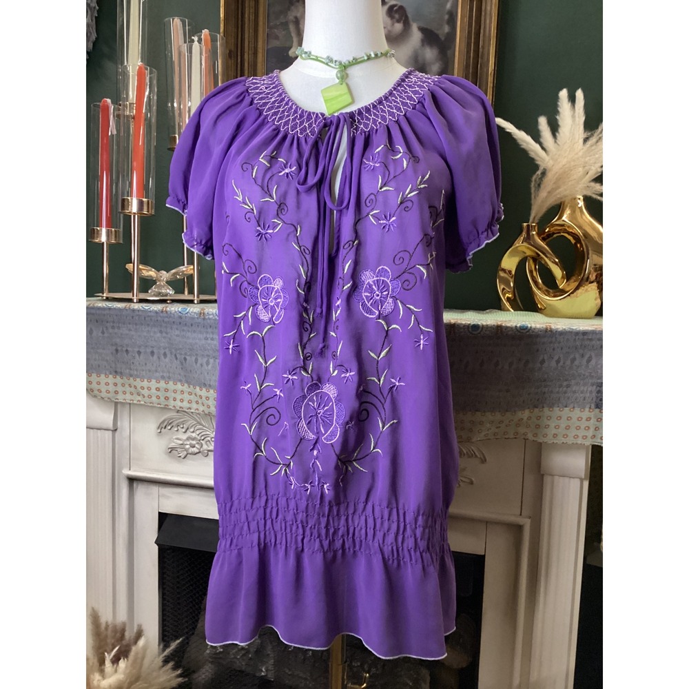 Dots Womens Purple Floral Embroidered Smocked Peasant Blouse Tunic Top Large
